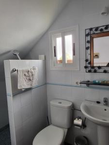 Un baño blanco con inodoro y lavabo. en Habitaciones Martín, en San José