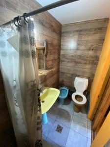 een kleine badkamer met een toilet en een wastafel bij Huecubu suites in San Miguel del Monte