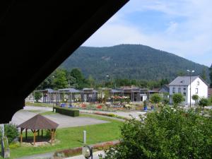 a view of a town with a mountain in the background at le chalet in Saint-Nabord