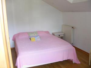 ein kleines Schlafzimmer mit einem rosa Bett mit einer rosa Decke in der Unterkunft le chalet in Saint-Nabord