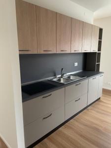 a kitchen with a sink and wooden cabinets at G83Home-Appartamento moderno in zona Fiera in Vicenza