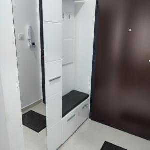 baño con armarios blancos y espejo en Centar Apartman FILIPOVSKI, en Novi Sad
