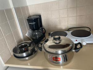 a kitchen counter with a blender and a pot on a stove at Oleander in Platanes