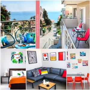 a collage of pictures of a balcony with a couch at Sea Breeze Flat in Kavala