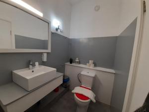 a bathroom with a sink and a toilet and a mirror at Hotel D Joao Miranda do douro in Miranda do Douro