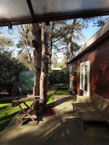 ganek z ławką obok drzewa w obiekcie 3 bedroom Chalet on Camping GT Balen w mieście Balen