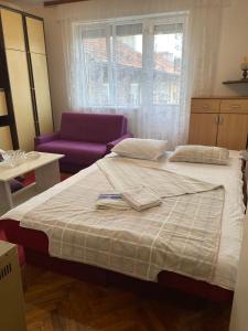 a bedroom with a large bed and a purple chair at Stan na dan Boljevac in Boljevac