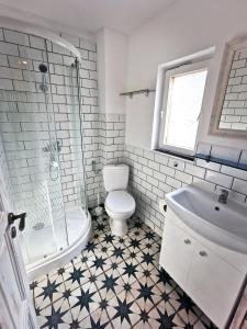 uma casa de banho com um WC, um chuveiro e um lavatório. em pRezident Ház em Rezi