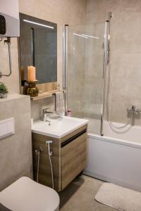 bagno con lavandino, doccia e servizi igienici di Casa Al Mare Premium Residences a Rafailovici