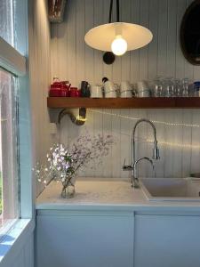 a kitchen counter with a sink and a vase of flowers at Sleeps 10. The Old pink library by loch and river in Lochearnhead