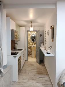 una cucina con ripiani bianchi, un lavandino e una porta di Cabana de pe Stanca a Colibiţa
