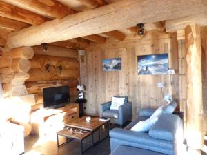 a living room with a couch and a tv in a cabin at Chalet de 6 chambres avec sauna terrasse amenagee et wifi a Font Romeu Odeillo Via a 1 km des pistes in Font-Romeu-Odeillo-Via