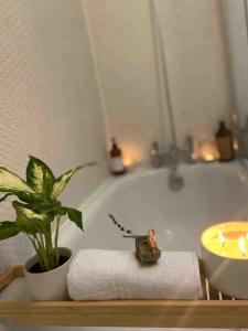a bathroom with a bath tub with a plant and a candle at Shoreditch Cosy Flat, next to Van Gogh exhibition in London