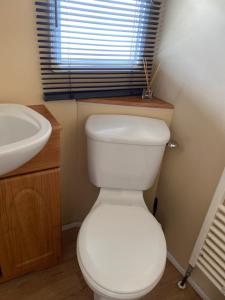 a bathroom with a white toilet and a sink at Croft View in Taynuilt