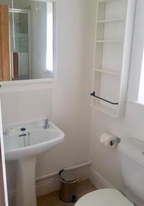 een witte badkamer met een wastafel en een toilet bij Beachglass in Lynton