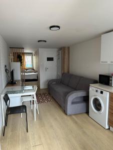 ein Wohnzimmer mit einem Sofa und einem Tisch in der Unterkunft Apartamenty W Domu in Białystok