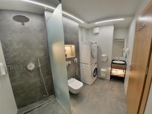 a bathroom with a shower and a toilet and a sink at Apartment OneClickRenrt Oasis in Chişinău