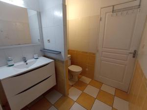 ein Bad mit einem Waschbecken, einem WC und einer Tür in der Unterkunft Spacieux studio tout équipé in Le Tampon