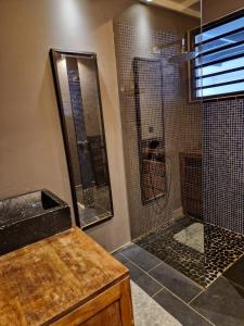 y baño con ducha, lavabo y ducha. en Appart Damazonie T3 Idéalement situé, en Montjoly