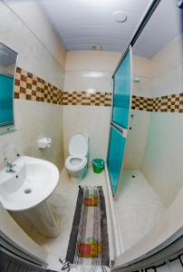 a bathroom with a sink and a toilet and a shower at Hotel Alto Amazonas in Leticia