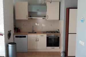 eine Küche mit weißen Schränken und einem Herd mit Backofen in der Unterkunft Lepelblad 6 in Nieuwvliet