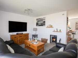 a living room with a couch and a tv and a fireplace at Tinkers Patch in Benllech