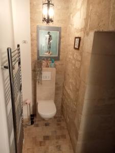 uma casa de banho com WC e uma fotografia na parede em la tour du fauconnier em Doué-la-Fontaine