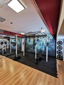 siłownia z bieżniami i malowidłem ściennym w obiekcie Hotel Forum Fitness Spa & Wellness w mieście Lublin