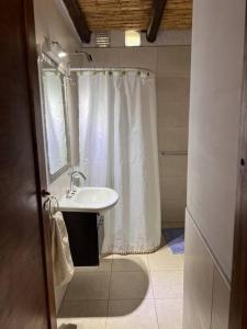 a bathroom with a sink and a shower curtain at Cabaña Chacras de Caro in Chacras de Coria