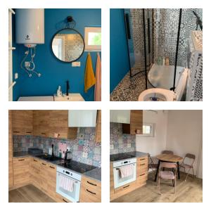 cztery zdjęcia łazienki z umywalką i toaletą w obiekcie Domek Leosi w mieście Pilchy