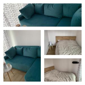 kolaż czterech zdjęć kanapy i łóżka w obiekcie Domek Leosi w mieście Pilchy