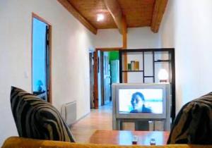 salon z telewizorem i stołem w obiekcie Maison de charme en campagne à Arlempdes avec jardin w mieście Arlempdes