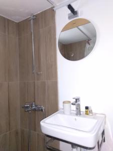 a bathroom with a sink and a shower and a mirror at IOKASTI STUDIOS 5 in Andros