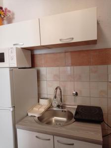 Una pequeña cocina con fregadero y refrigerador. en Alina centar, en Novigrad Istria