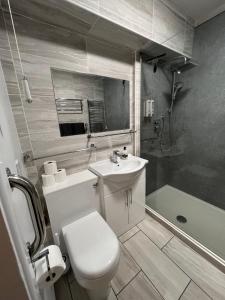 a bathroom with a toilet and a sink and a shower at Nearby Glastonbury, Next to Street Town Centre - Ground Floor Large 3 BD With Parking, Sleeps Up to 6 in Street