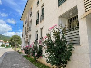 un bâtiment avec des fleurs roses sur son côté dans l'établissement Apartamento Marbore, à Jaca