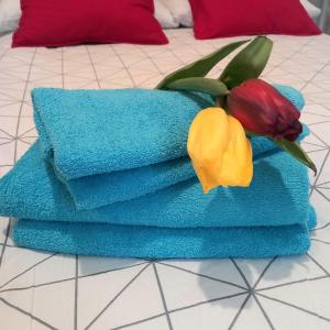 a pile of towels on a bed with a bouquet of flowers at Hola Apartamenty Legionow 2 in Łódź