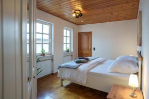 een slaapkamer met een bed en een houten plafond bij Casa Benedicta in Trier