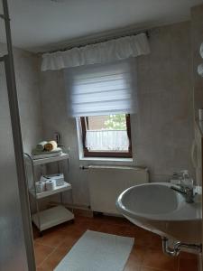 a bathroom with a sink and a tub and a window at Ferienwohnung Kranichnest in Malschwitz
