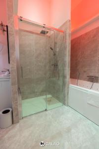 a shower with a glass door in a bathroom at Calao in Villars-les-Dombes