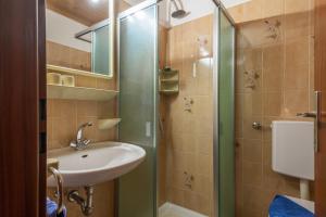 uma casa de banho com um lavatório e um chuveiro em Appartements Pension Sonia em Funes