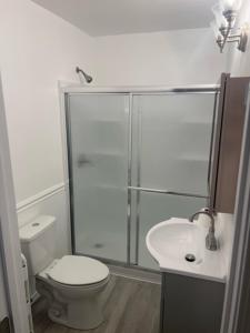 een badkamer met een douche, een toilet en een wastafel bij Relaxing River Family Retreat in Bullhead City