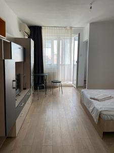 - une chambre avec un lit, un bureau et une table dans l'établissement Bega Cirumvalatiunii One Room Apartment- 4, à Timişoara