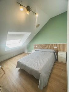 フェロルにあるHostal La Fronteraの緑の壁のベッドルーム1室(ベッド1台付)