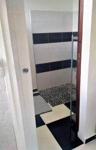 a bathroom with a shower with a black and white tile floor at Jolie studette dans un environnement arboré in Les Abymes