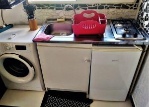 cocina con fregadero y lavadora en Jolie studette dans un environnement arboré, en Les Abymes