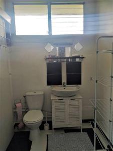 a bathroom with a toilet and a sink at Jolie studette dans un environnement arboré in Les Abymes