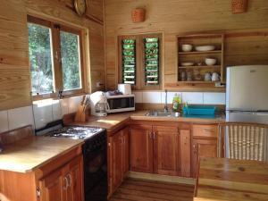 a kitchen with wooden cabinets and a stove top oven at Alibabas Cottage in Castara