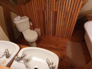 a bathroom with a white sink and a toilet at Oakenhurst in Fowey +42 photos