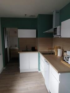 een keuken met witte kasten en een groene muur bij Le Clos Duthu, Ideal curistes in Bagnères-de-Bigorre